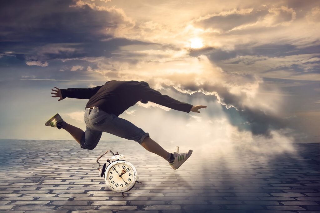 Men jumping over clock