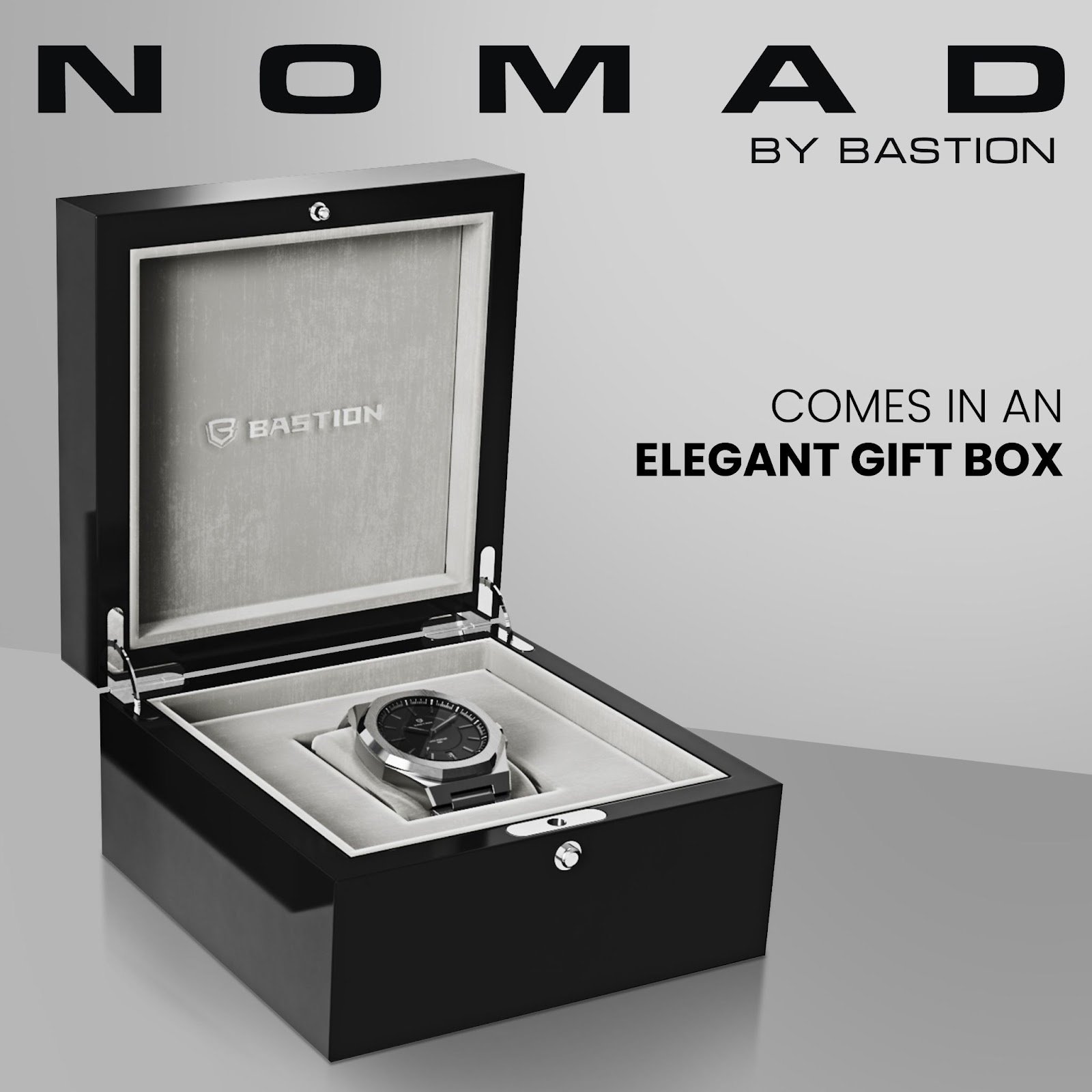 Automatic luxury watch presented in an open wooden gift box