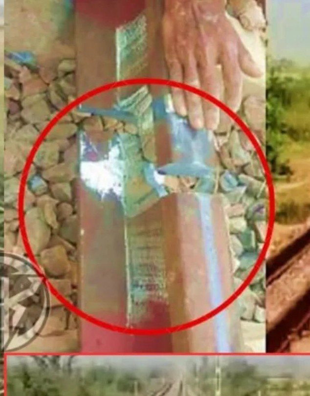 Close-up of the damaged railway track near Guleria village, Etah